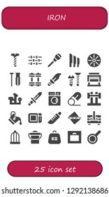  iron icon set. 25 filled iron icons. Simple modern icons about  - Screw, Barbed wire, Awl, Knives, Pan, Weights, Dagger, Guillotine, Bench press, Knife, Laundry, Safety pin, Barbell