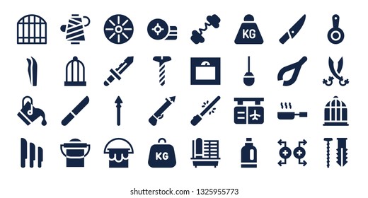 iron icon set. 32 filled iron icons. on blue background style Collection Of - Gate, Tweezers, Bucket, Knives, Thread, Bird cage, Knife, Pan, Spear, Weight, Screw, Barbell, Saber