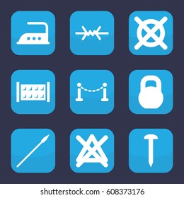 Iron icon. set of 9 filled iron icons such as fence, iron, no bleaching, no dry cleaning, nail, barbell, spear
