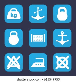 Iron icon. set of 9 filled iron icons such as fence, iron, no bleaching, no dry cleaning, barbell, anchor, weight