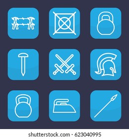Iron icon. set of 9 outline iron icons such as iron, no dry cleaning, nail, barbell, knight, spear, wire fence, kettle bell