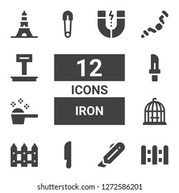 iron icon set. Collection of 12 filled iron icons included Fence, Cutter, Knife, Bird cage, Detergent, Safety pin, Ratchet, Weight, Eiffel tower, Magnet