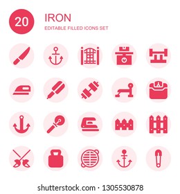 iron icon set. Collection of 20 filled iron icons included Knife, Anchor, Fence, Weight, Barbell, Ironing, Hair straightener, Dumbbell, Bench press, Cutter, Iron, Fencing, Kettlebell