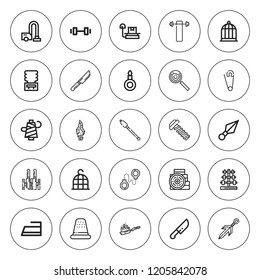 Iron icon set. collection of 25 outline iron icons with barbell, bird cage, cutters, dumbbell, fetters, frying pan, knife, knives, kunai, iron, pan icons. editable icons.