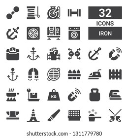 iron icon set. Collection of 32 filled iron icons included Fencing, Detergent, Cage, Cutter, Eiffel tower, Anvil, Iron, Kettlebell, Magnet, Weight, Frying pan, Fence, Grate, Anchor