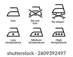 Iron icon set. Dry and steam iron icons. Iron temperature setting guide, textile care, ironing guide, fabric care and Clothing Maintenance. Ironing Clothes label for product packaging design.