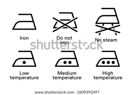 Iron icon set. Dry and steam iron icons. Iron temperature setting guide, textile care, ironing guide, fabric care and Clothing Maintenance. Ironing Clothes label for product packaging design.