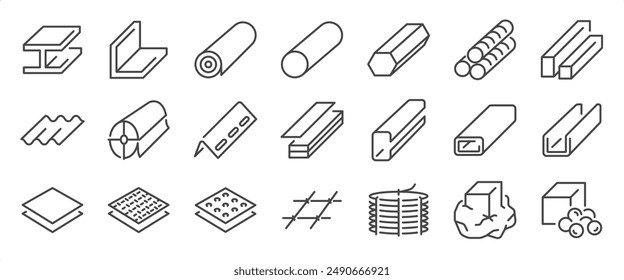 Eisen-Icon-Set. Es enthält Metall, Blech, Material, Konstruktion, Gebäude und mehr Symbole. Bearbeitbare Vektorgrafik Stroke.