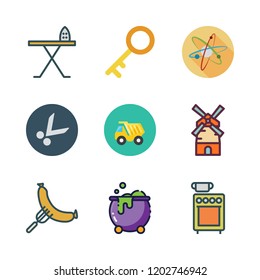 iron icon set. vector set about cauldron, iron board, key and stove icons set.