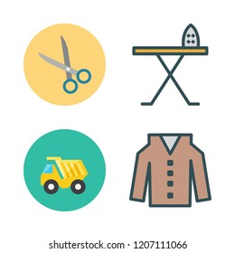 iron icon set. vector set about coat, scissors, dump truck and iron board icons set.