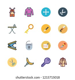 iron icon set. vector set about padlock, coat, sausage and scissors icons set.