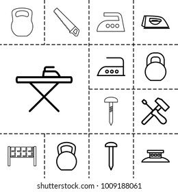 Iron icons. set of 13 editable outline iron icons such as ironing table, iron, nail, kettle bell, barbell, screwdriver, wire fence, fence