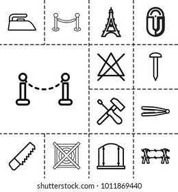 Iron icons. set of 13 editable outline iron icons such as fence, hair straightener, gate, iron, no bleaching, saw, nail, screwdriver, wire fence, eiffel tower, no dry cleaning