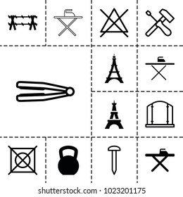 Iron icons. set of 13 editable filled and outline iron icons such as eiffel tower, ironing table, kettle bell, wire fence, hair straightener, gate, no bleaching