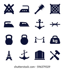 iron icons set. Set of 16 iron filled icons such as fence, Eiffel Tower, gate, iron, no bleaching, no dry cleaning, anchor, weight, kettle, mace, wire fence, screwdriver