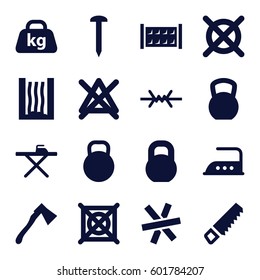 iron icons set. Set of 16 iron filled icons such as fence, ironing table, iron, no bleaching, no dry cleaning, saw, nail, axe, barbell, weight, kettle, heating system