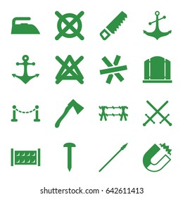 Iron icons set. set of 16 iron filled icons such as fence, gate, iron, no bleaching, no dry cleaning, saw, nail, axe, anchor, spear, wire fence, sword