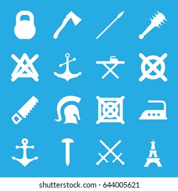 Iron icons set. set of 16 iron filled icons such as eiffel tower, ironing table, iron, no bleaching, no dry cleaning, saw, nail, axe, barbell, anchor, knight, mace, spear