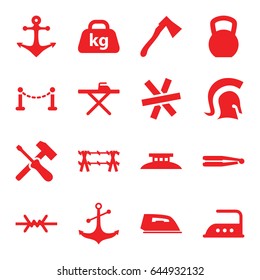 Iron icons set. set of 16 iron filled icons such as fence, hair straightener, ironing table, iron, axe, anchor, weight, knight, wire fence, screwdriver