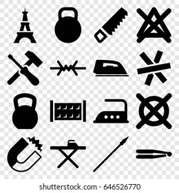 Iron icons set. set of 16 iron filled icons such as fence, eiffel tower, hair straightener, ironing table, iron, no bleaching, no dry cleaning, saw, kettle, spear, wire fence