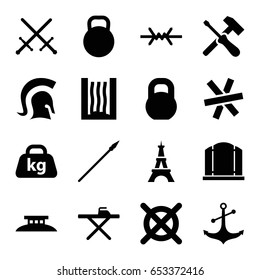 Iron icons set. set of 16 iron filled icons such as eiffel tower, gate, ironing table, no dry cleaning, barbell, anchor, weight, kettle, heating system, knight, spear