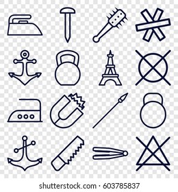 Iron icons set. set of 16 iron outline icons such as Eiffel Tower, hair straightener, iron, no bleaching, no dry cleaning, saw, nail, anchor, mace, spear, wire fence, kettle
