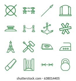Iron icons set. set of 16 iron outline icons such as fence, eiffel tower, gate, iron, no dry cleaning, saw, barbell, anchor, heating system, spear, wire fence