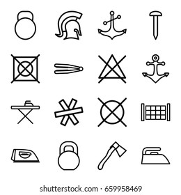 Iron icons set. set of 16 iron outline icons such as fence, hair straightener, ironing table, iron, no bleaching, no dry cleaning, nail, axe, barbell, anchor, knight