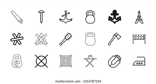 Iron icons. set of 18 editable outline iron icons: eiffel tower, iron, no dry cleaning, nail, magnet, kettle bell, axe, anchor, mace, wire fence, fence, ironing table