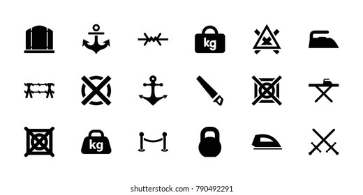 Iron icons. set of 18 editable filled iron icons: gate, ironing table, iron, no dry cleaning, sword, barbell, weight, anchor, wire fence, fence, no bleaching