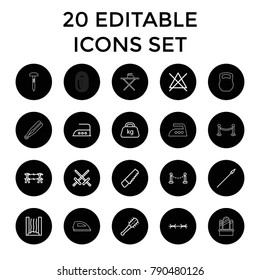 Iron icons. set of 20 editable outline iron icons such as fence, no bleaching, saw, sword, weight, heating system, mace, spear. best quality iron elements in trendy style.