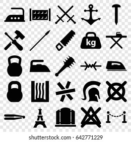 Iron icons set. set of 25 iron filled icons such as fence, eiffel tower, hair straightener, gate, ironing table, iron, no bleaching, no dry cleaning, saw, nail, barbell