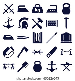 Iron icons set. set of 25 iron filled icons such as fence, hair straightener, gate, ironing table, iron, saw, nail, axe, anchor, weight, kettle, heating system, knight, mace