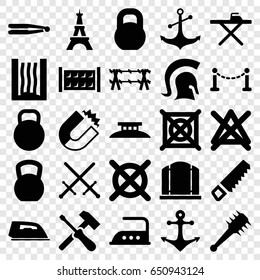 Iron icons set. set of 25 iron filled icons such as fence, eiffel tower, hair straightener, gate, ironing table, iron, no bleaching, no dry cleaning, saw, barbell, anchor