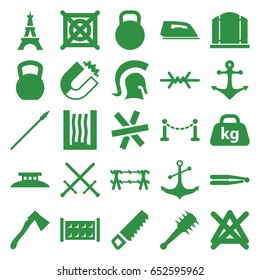 Iron icons set. set of 25 iron filled icons such as fence, eiffel tower, hair straightener, gate, iron, no bleaching, no dry cleaning, saw, axe, anchor, weight, kettle