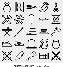 Iron icons set. set of 25 iron outline icons such as fence, eiffel tower, hair straightener, gate, ironing table, iron, no dry cleaning, saw, nail, axe, barbell