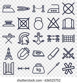 Iron icons set. set of 25 iron outline icons such as fence, eiffel tower, hair straightener, gate, ironing table, iron, no bleaching, no dry cleaning, saw, weight, anchor