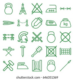 Iron icons set. set of 25 iron outline icons such as fence, eiffel tower, hair straightener, ironing table, iron, no bleaching, no dry cleaning, nail, barbell, weight