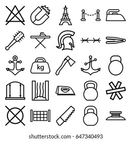 Iron icons set. set of 25 iron outline icons such as fence, eiffel tower, hair straightener, gate, ironing table, iron, no bleaching, no dry cleaning, saw, axe, barbell