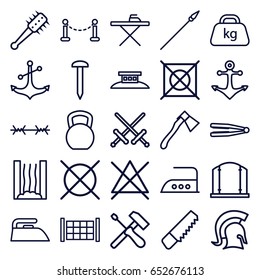 Iron icons set. set of 25 iron outline icons such as fence, hair straightener, gate, ironing table, iron, no bleaching, no dry cleaning, saw, nail, axe, anchor, weight