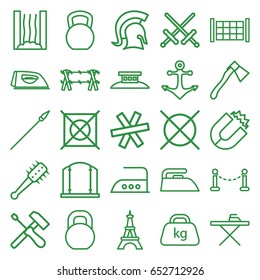 Iron icons set. set of 25 iron outline icons such as fence, eiffel tower, gate, ironing table, iron, no dry cleaning, axe, barbell, weight, anchor, heating system, knight