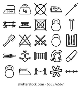 Iron icons set. set of 25 iron outline icons such as fence, hair straightener, iron, no bleaching, no dry cleaning, saw, nail, barbell, weight, anchor, heating system, knight