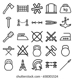 Iron icons set. set of 25 iron outline icons such as fence, eiffel tower, hair straightener, gate, ironing table, iron, no bleaching, no dry cleaning, nail, axe, barbell