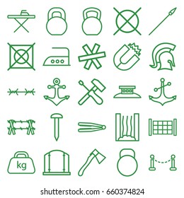 Iron icons set. set of 25 iron outline icons such as fence, hair straightener, gate, ironing table, iron, no dry cleaning, nail, axe, barbell, anchor, weight, heating system
