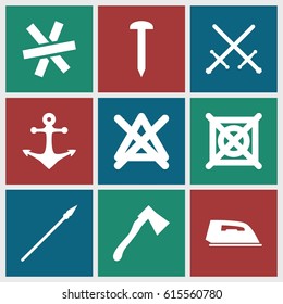 Iron icons set. set of 9 iron filled icons such as iron, no bleaching, no dry cleaning, nail, axe, anchor, spear, wire fence