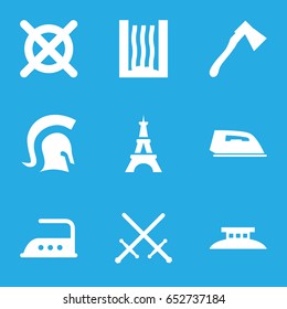 Iron icons set. set of 9 iron filled icons such as eiffel tower, iron, no dry cleaning, axe, heating system, knight, wire fence