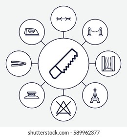 iron icons set. Set of 9 iron outline icons such as fence, Eiffel Tower, hair straightener, iron, no bleaching, saw, heating system