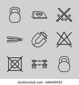 Iron icons set. set of 9 iron outline icons such as hair straightener, iron, no bleaching, no dry cleaning, barbell, wire fence, magnet, kettle bell
