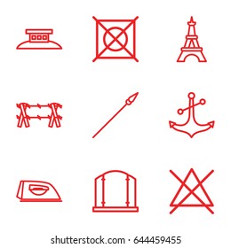 Iron icons set. set of 9 iron outline icons such as eiffel tower, gate, iron, no bleaching, no dry cleaning, anchor, spear
