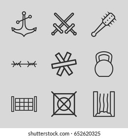 Iron icons set. set of 9 iron outline icons such as fence, no dry cleaning, anchor, heating system, mace, wire fence, kettle bell